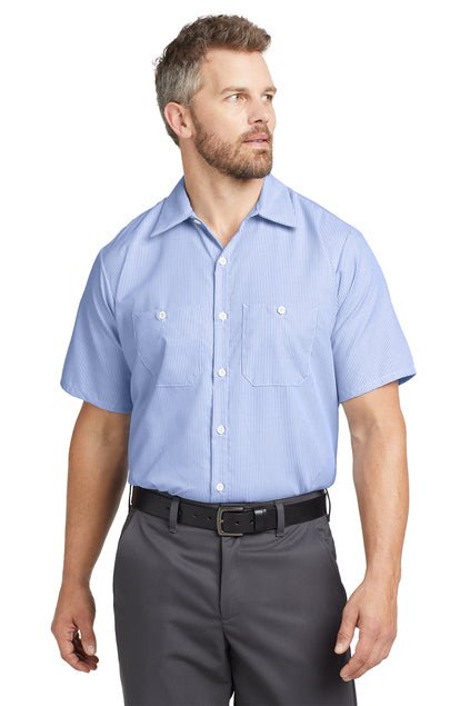 Men's Long Size, Short Sleeve Striped Industrial Work Shirt White/Blue Small