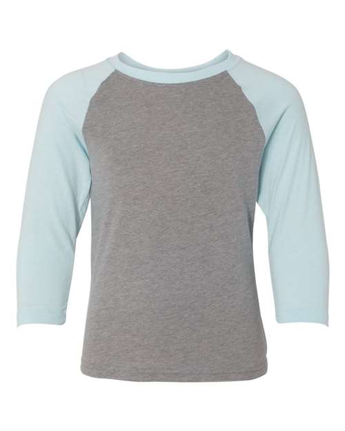 Next Level Youth CVC Three - Quarter Sleeve Raglan T-Shirt - Next Level 3352 Ice Blue Sleeves/ Dark Heather Grey Body XL Short Sleeve T-Shirts