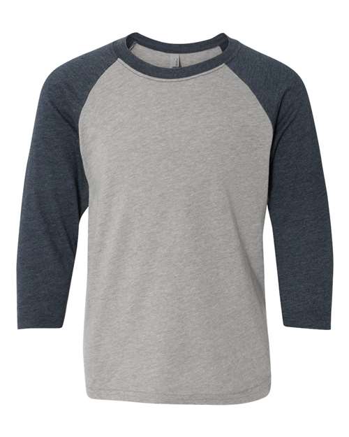 Next Level Youth CVC Three - Quarter Sleeve Raglan T-Shirt - Next Level 3352 Midnight Navy Sleeves/ Dark Heather Grey Body XL Short Sleeve T-Shirts