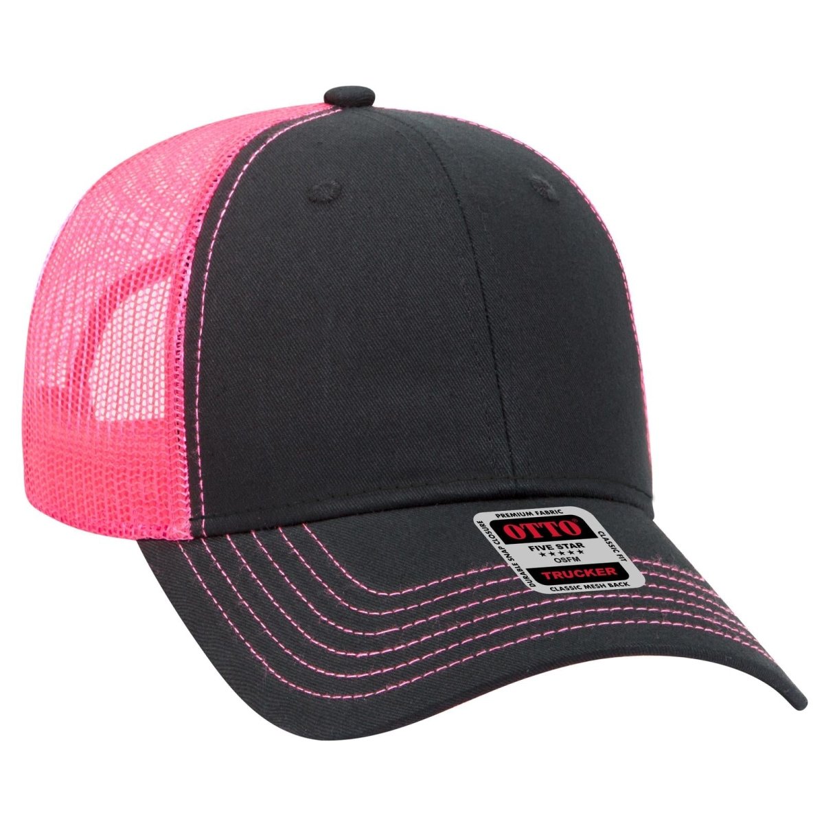 OTTO CAP 6 Panel Low Profile Mesh Back Trucker Hat OTTO 83 - 1239 Blk/Blk/N.Pnk OSFM - Adult Hats