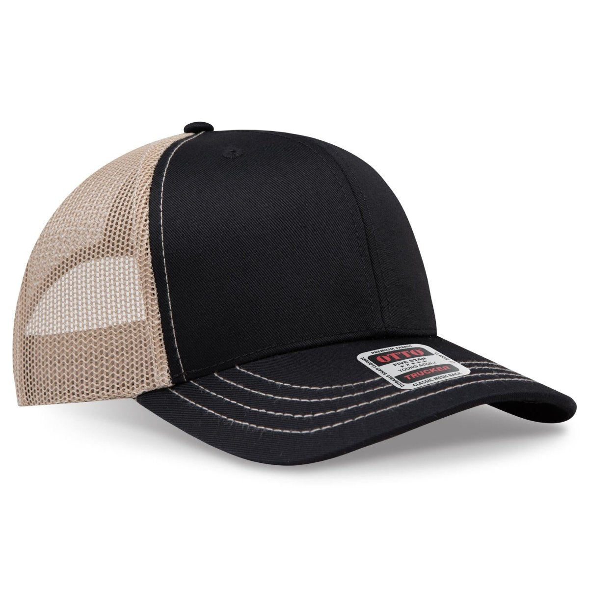 OTTO CAP 6 Panel Mid Profile Mesh Back Trucker Hat OTTO 112 - 1 Blk/Blk/Kha Young Adult Hats