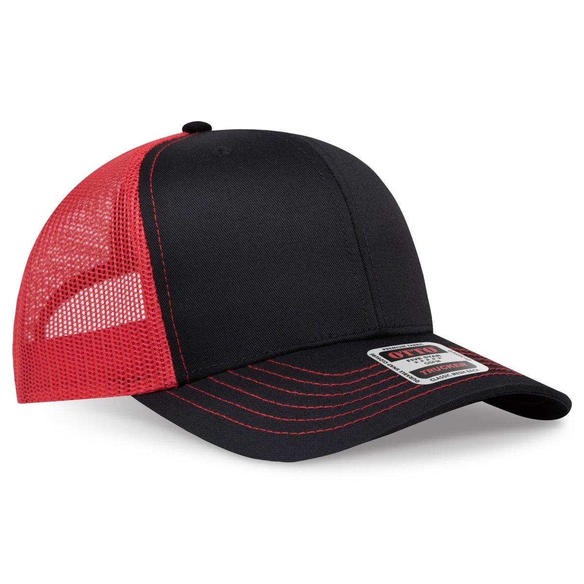 OTTO CAP 6 Panel Mid Profile Mesh Back Trucker Hat OTTO 112 - 1 Blk/Blk/Red OSFM - Adult Hats
