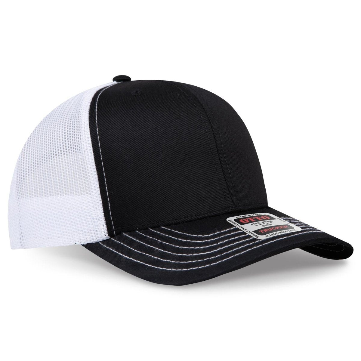 OTTO CAP 6 Panel Mid Profile Mesh Back Trucker Hat OTTO 112 - 1 Blk/Blk/Wht OSFM - Adult Hats
