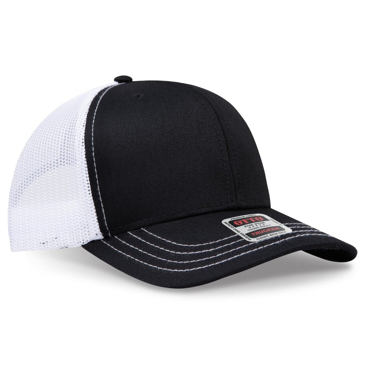 OTTO CAP 6 Panel Mid Profile Mesh Back Trucker Hat OTTO 112 - 1 Blk/Blk/Wht Young Adult Hats