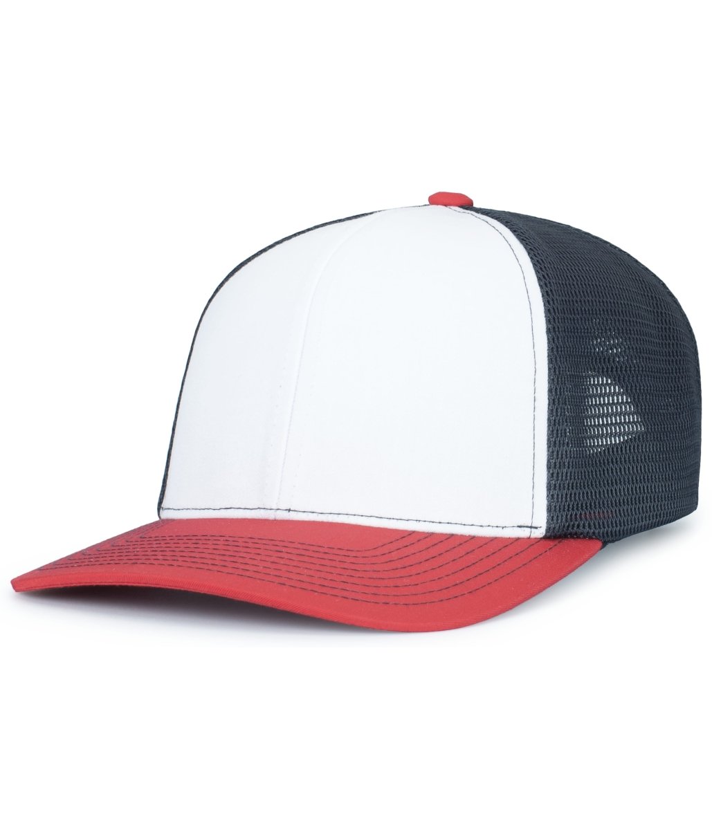 Pacific Headwear Contrast Stitch Trucker PacFlex Snapback Cap - Pacific Headwear P151S WHITE/NAVY/RED OS