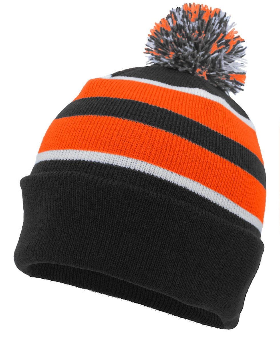 Pacific Headwear Knit Fold Over Pom - Pom Beanie 641K BLACK/ORANGE/WHITE OS