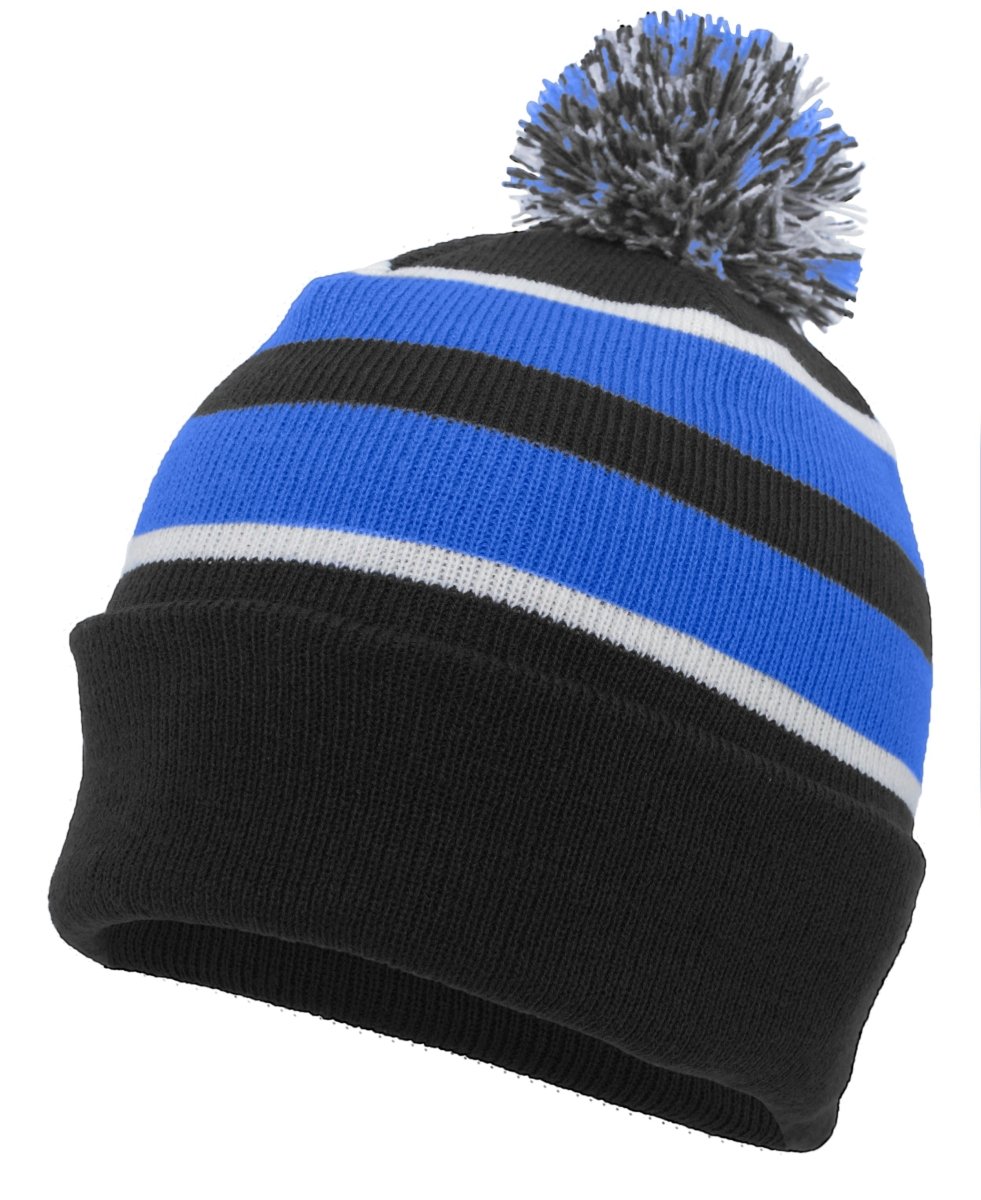 Pacific Headwear Knit Fold Over Pom - Pom Beanie 641K BLACK/ROYAL/WHITE OS