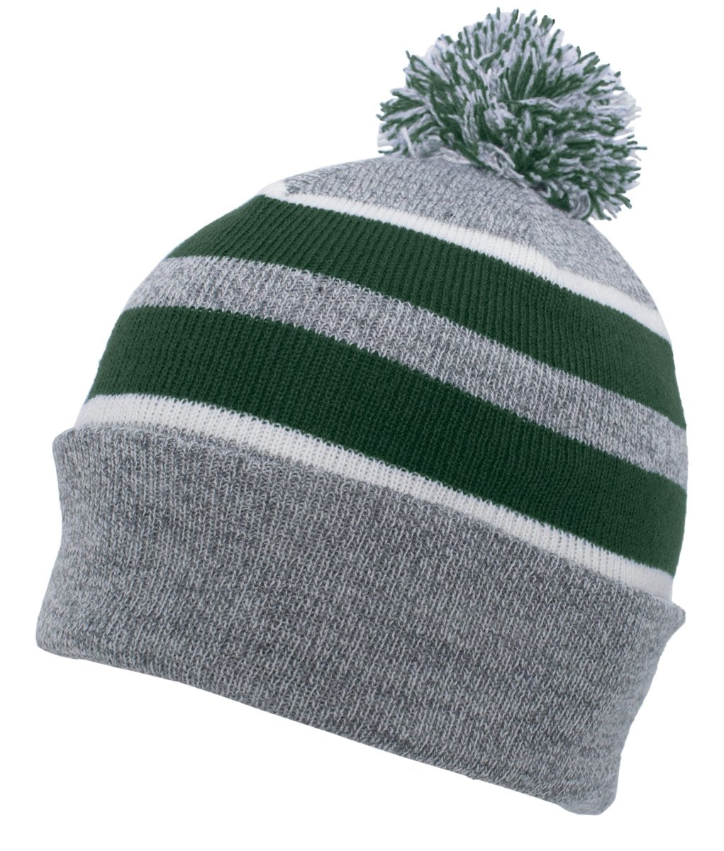 Pacific Headwear Knit Fold Over Pom - Pom Beanie 641K HEATHER/DARK GREEN/WHITE OS