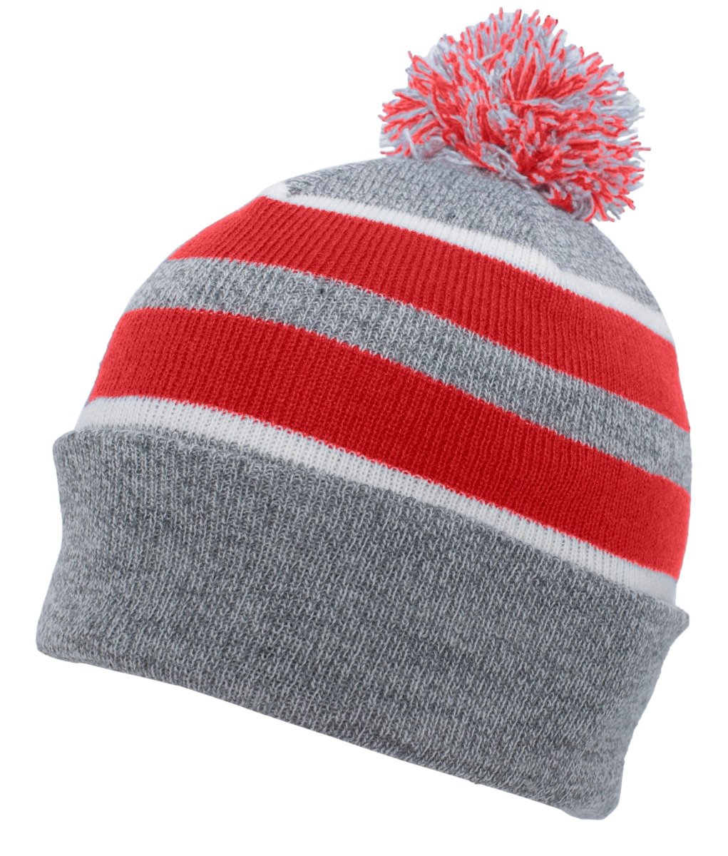 Pacific Headwear Knit Fold Over Pom - Pom Beanie 641K HEATHER/RED/WHITE OS