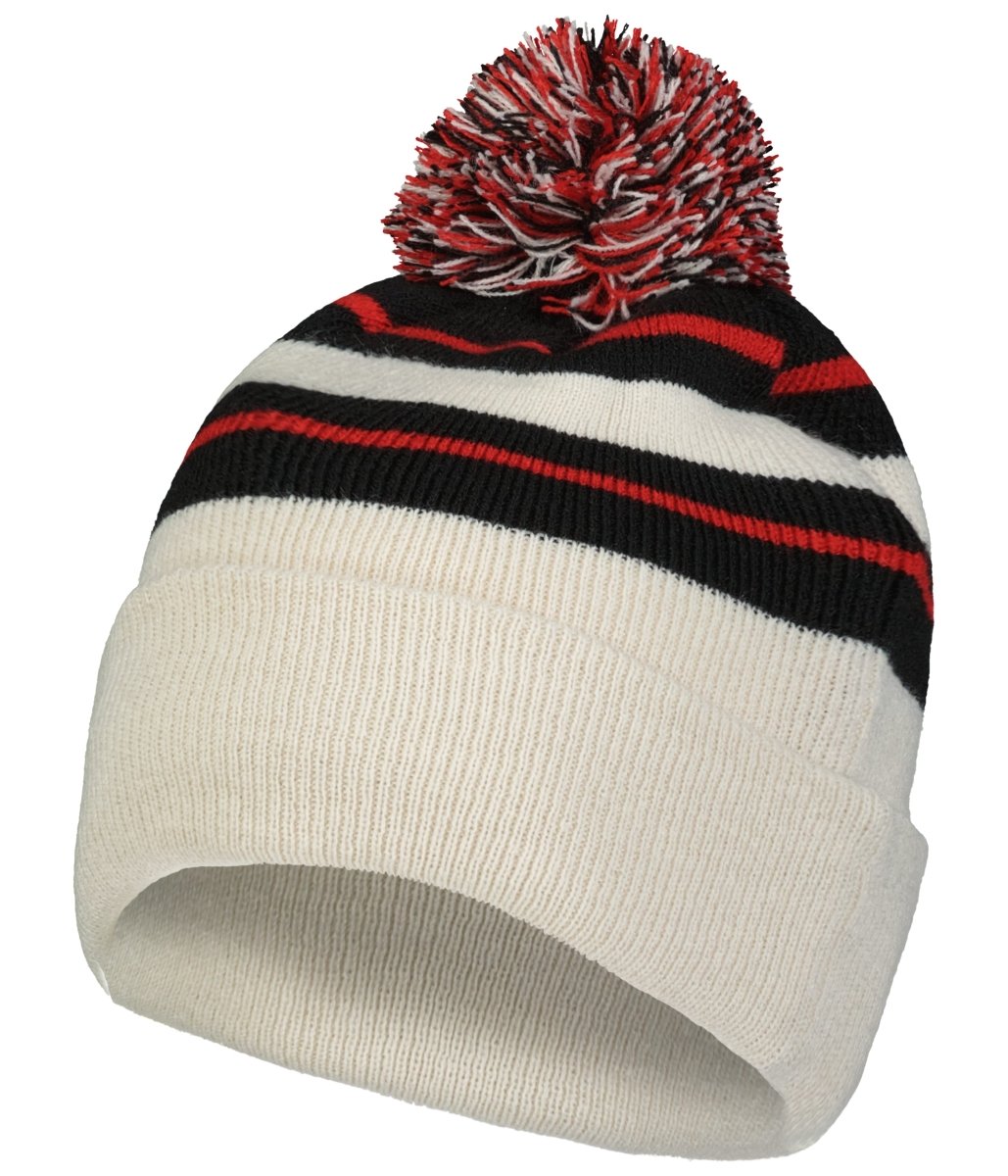 Pacific Headwear Knit Fold Over Pom - Pom Beanie 641K OAT/BLACK/RED OS