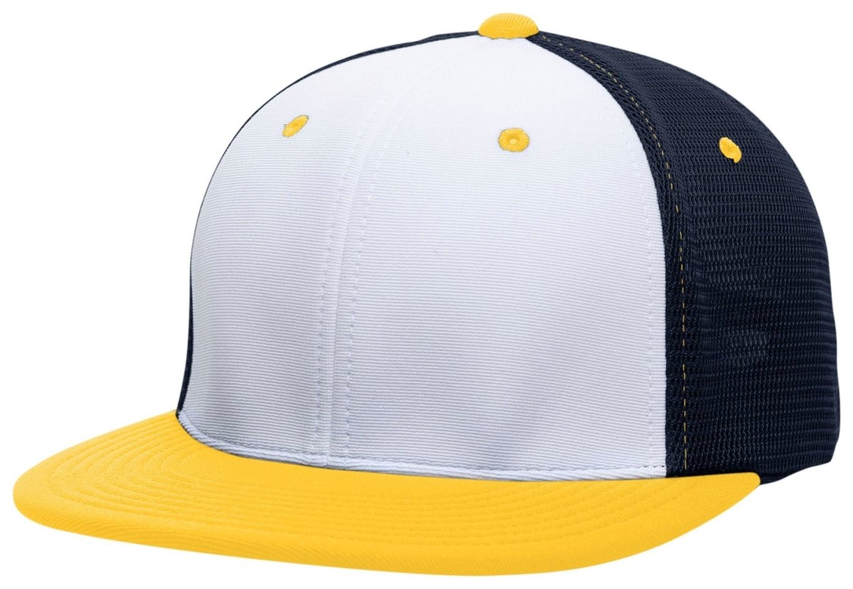 Pacific Headwear Premium M2 Performance Trucker Flexfit® Cap - Pacific Headwear ES341 WHITE/NAVY/GOLD S/M