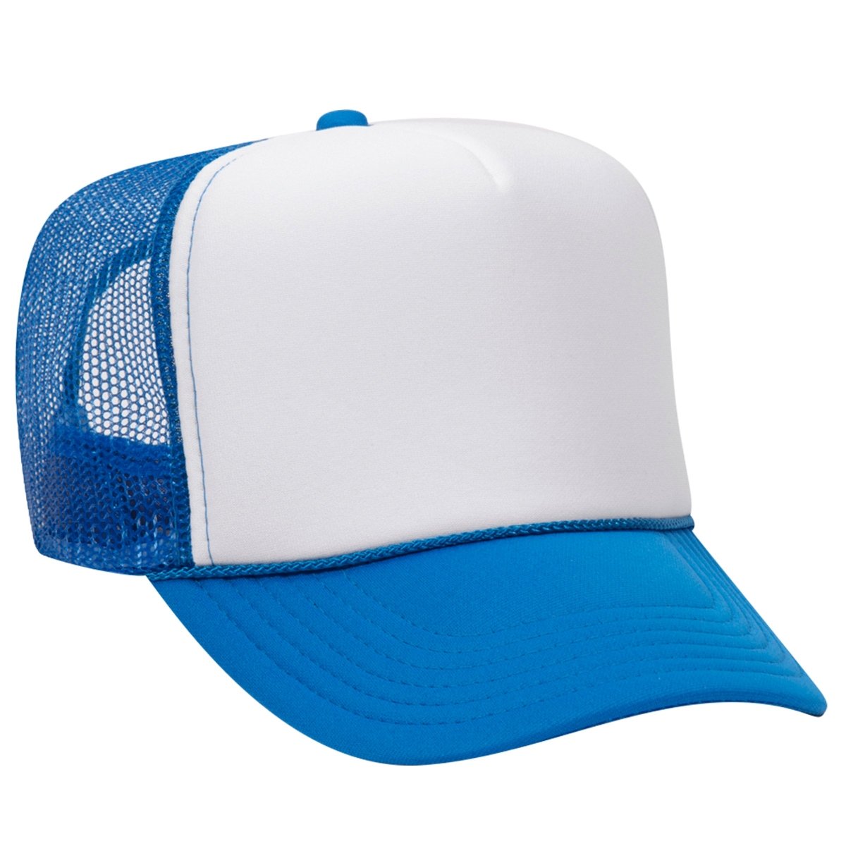 Premium High Profile Foam Trucker Hat Neon Blue/White/Neon Blue Caps