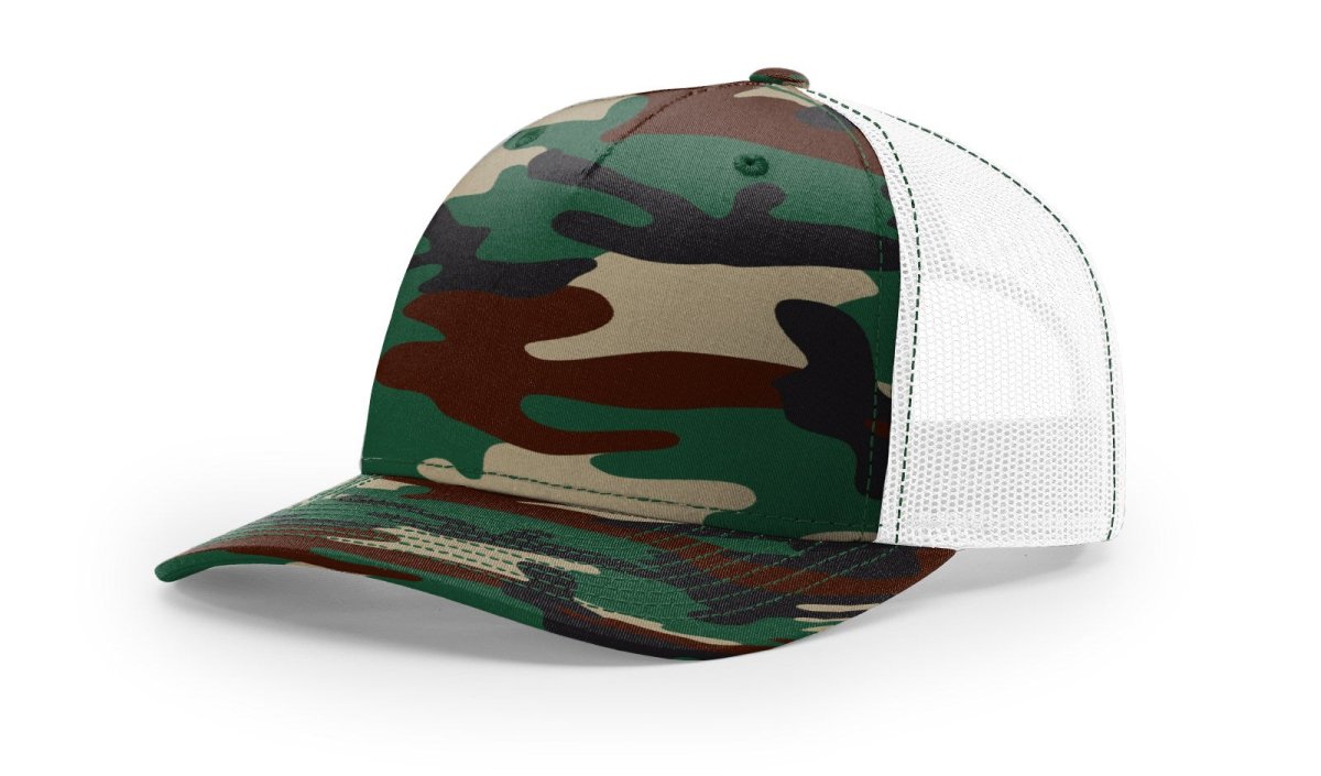 Richardson Five - Panel Printed Trucker Cap - Richardson 112PFP Green Camo/ White Adjustable Caps