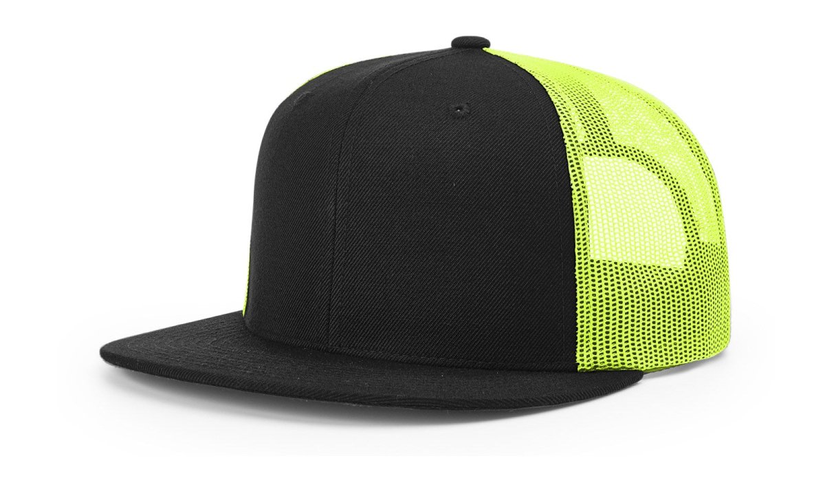 Richardson Wool Blend Flat Bill Trucker Cap - Richardson 511 Black/Neon Yellow Adjustable Hats