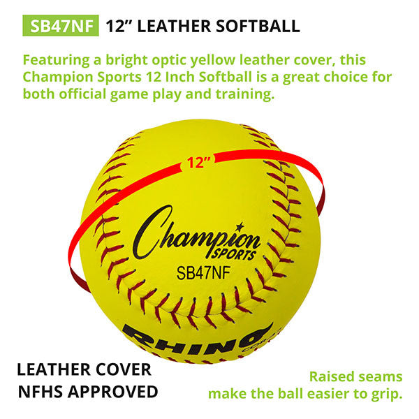 Champion Sports 12" LEATHER POLY CORE SOFTBALL, NFHS APPROVED