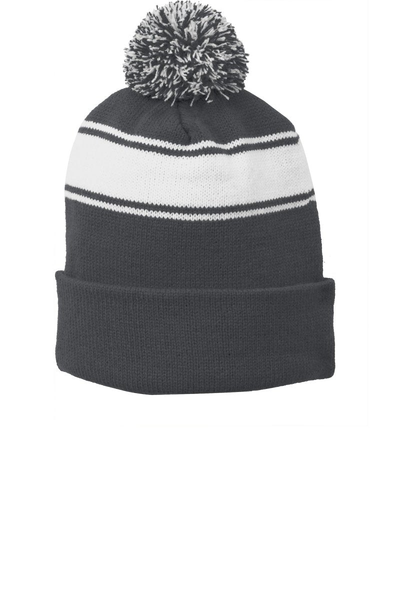 Sport - Tek ® Stripe Pom Pom Beanie. STC28 - Sport - Tek STC28 Iron Grey/ White OSFA Beanies