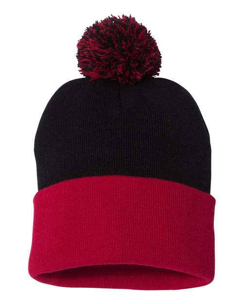 Sportsman 12" Pom - Pom Cuffed Beanie - Sportsman SP15 Black/ Red One Size Beanies