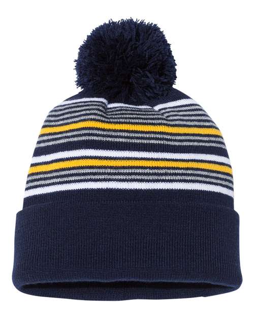 Sportsman 12" Striped Pom - Pom Cuffed Beanie - Sportsman SP60 Navy/ White/ Grey/ Gold One Size Beanies