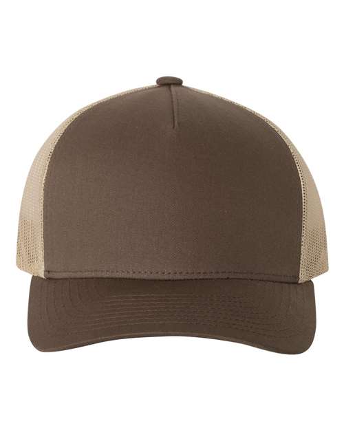 YP Classics Five - Panel Retro Trucker Cap - Yupoong 6506 Brown/ Khaki Adjustable Hats