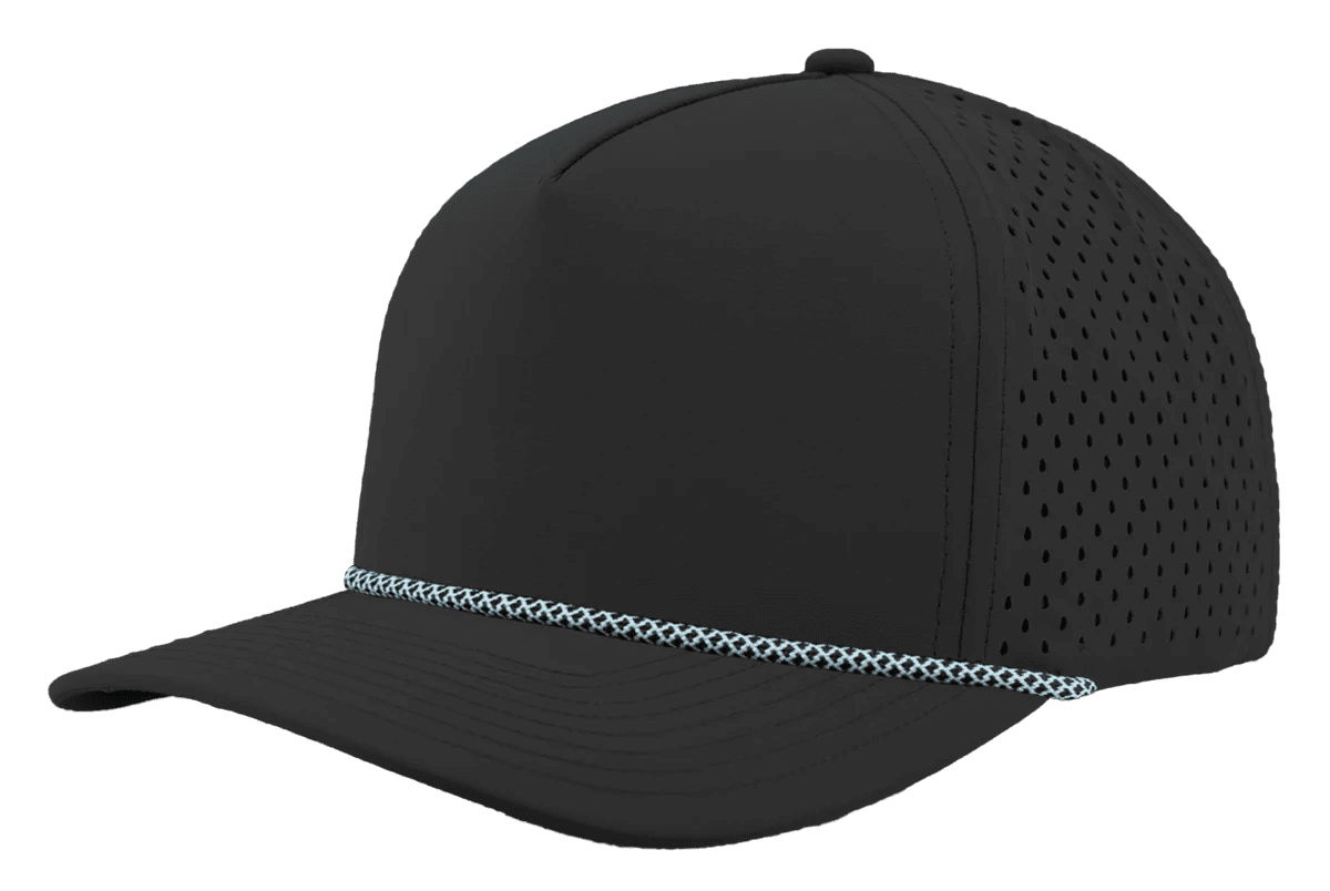 Zapped Headwear BLACKHAWK R+ 5 - Panel Rope Snapback Hat Black - Light Blue Chainlink Rope Adjustable Hats