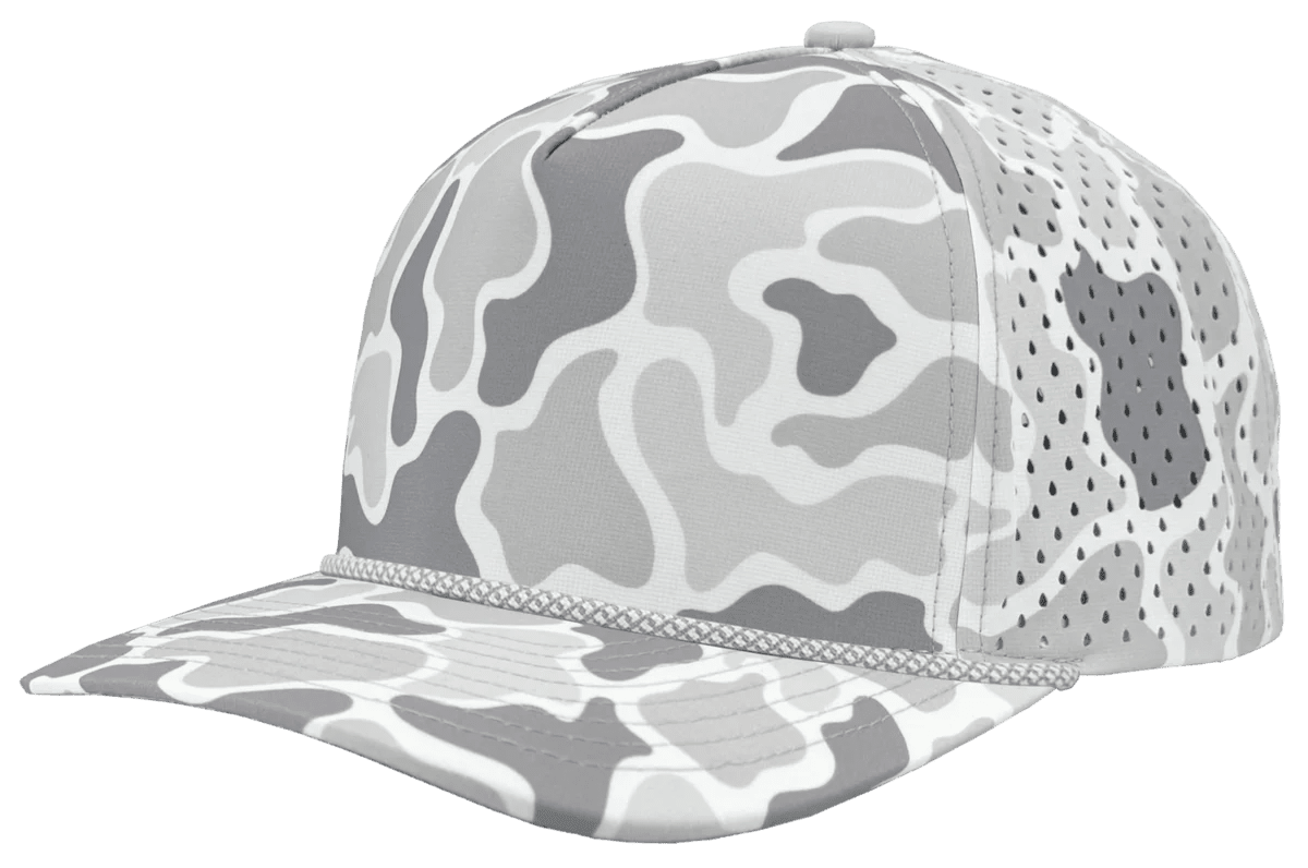 Zapped Headwear BLACKHAWK R+ 5 - Panel Rope Snapback Hat Old School Snow Camo - Grey Chainlink Rope Adjustable Hats