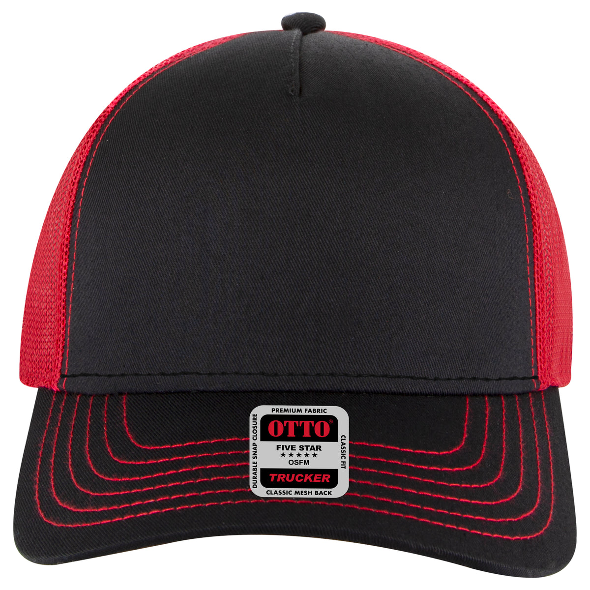 OTTO CAP 5 Panel Low Profile Mesh Back Trucker Hat OTTO 102-664 Otto Cap 030302 - Blk/Blk/Red OSFM - Adult