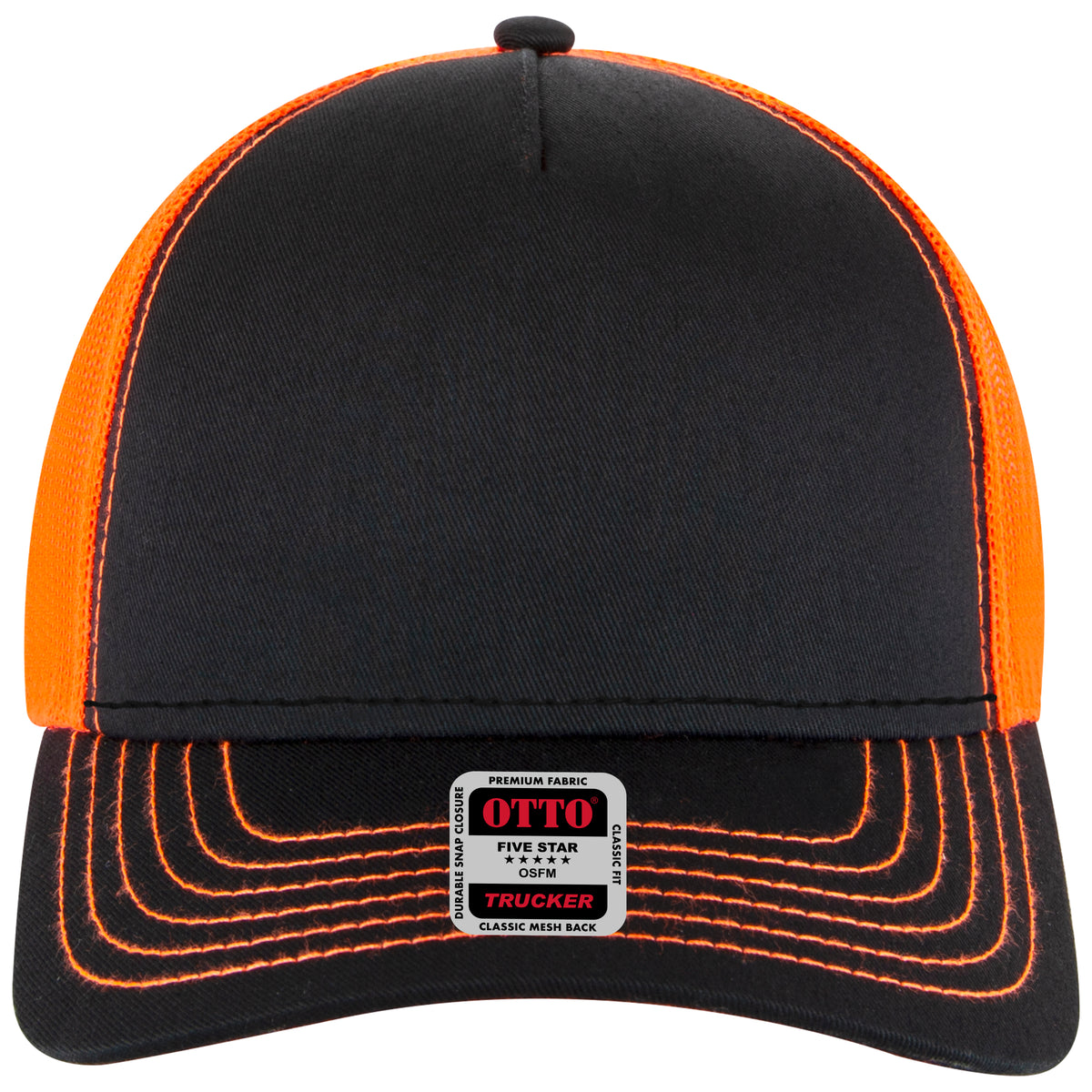 OTTO CAP 5 Panel Low Profile Mesh Back Trucker Hat OTTO 102-664 Otto Cap 030309 - Blk/Blk/N Org OSFM - Adult