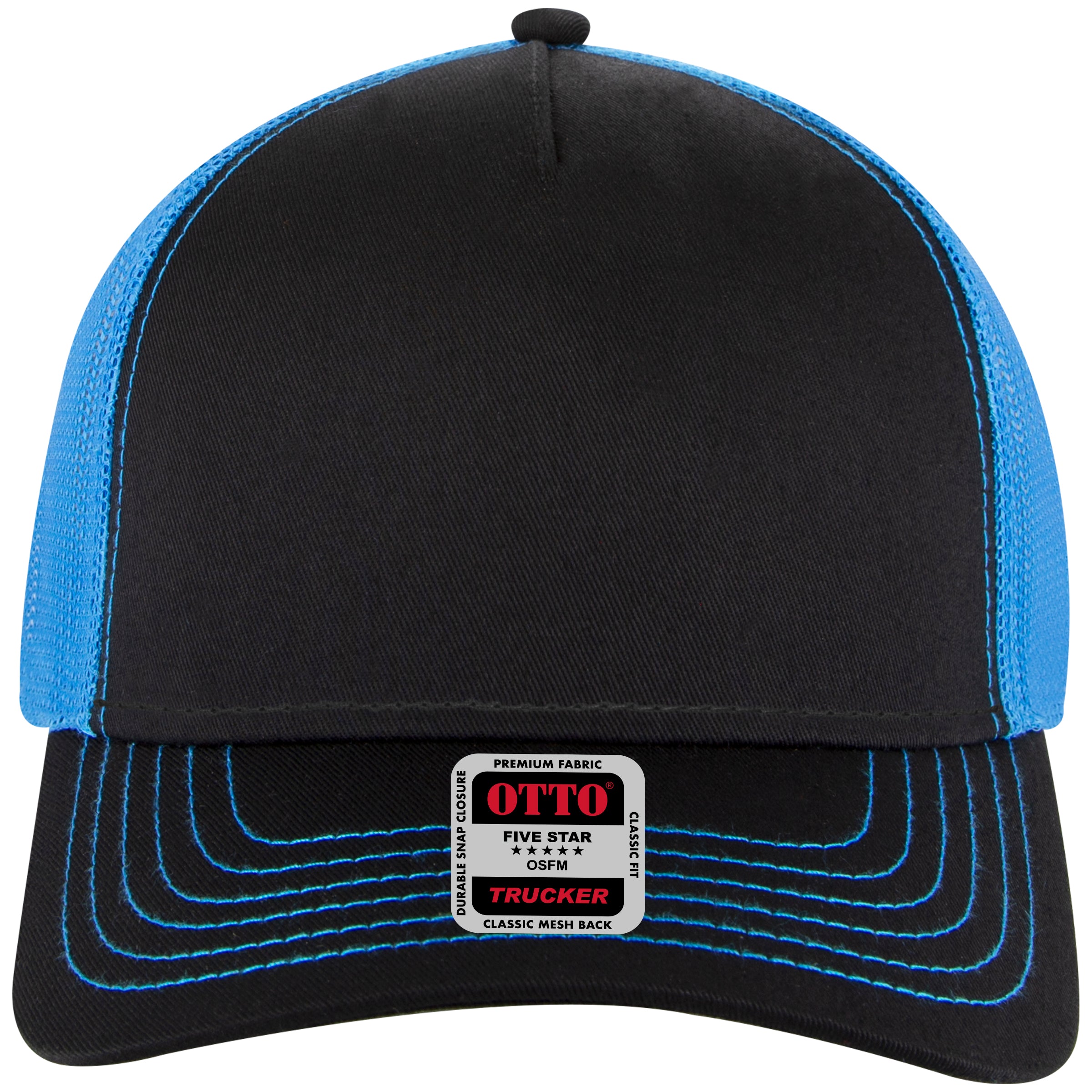 OTTO CAP 5 Panel Low Profile Mesh Back Trucker Hat OTTO 102-664 Otto Cap 0303107 - Blk/Blk/N.Blue OSFM - Adult