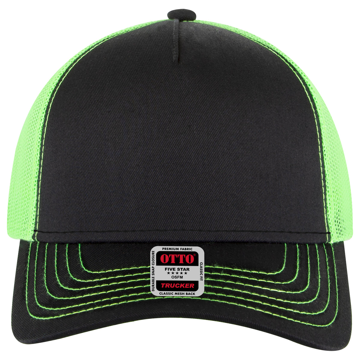 OTTO CAP 5 Panel Low Profile Mesh Back Trucker Hat OTTO 102-664 Otto Cap 030388 - Blk/Blk/N.Grn OSFM - Adult