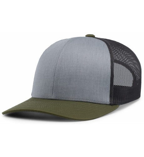 Pacific Headwear Trucker Snapback Cap | Pacific Headwear 104C Caps Pacific Headwear Heather Grey/Lt Charcoal/Moss Green OSFM