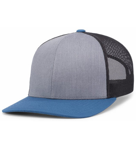 Pacific Headwear Trucker Snapback Cap | Pacific Headwear 104C Caps Pacific Headwear Heather Grey/Lt Charcoal/Ocean Blue OSFM