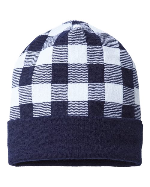 CAP AMERICA USA-Made Plaid Beanie - CAP AMERICA RKP12 CAP AMERICA Navy/ White One Size