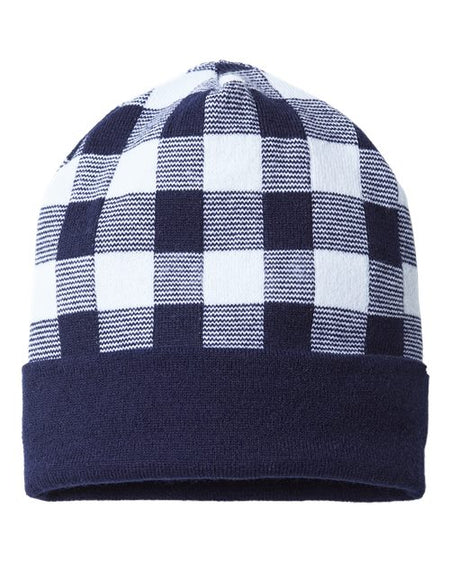 CAP AMERICA USA-Made Plaid Beanie - CAP AMERICA RKP12 CAP AMERICA Navy/ White One Size