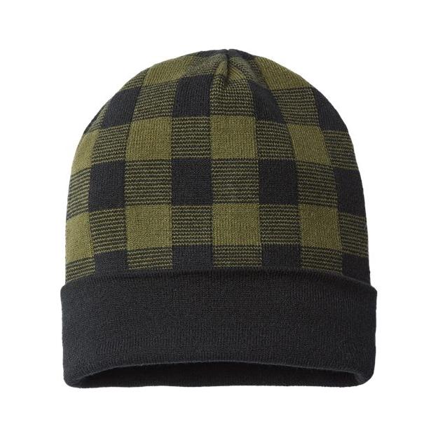 CAP AMERICA USA-Made Plaid Beanie - CAP AMERICA RKP12 CAP AMERICA Olive Green/ Black One Size