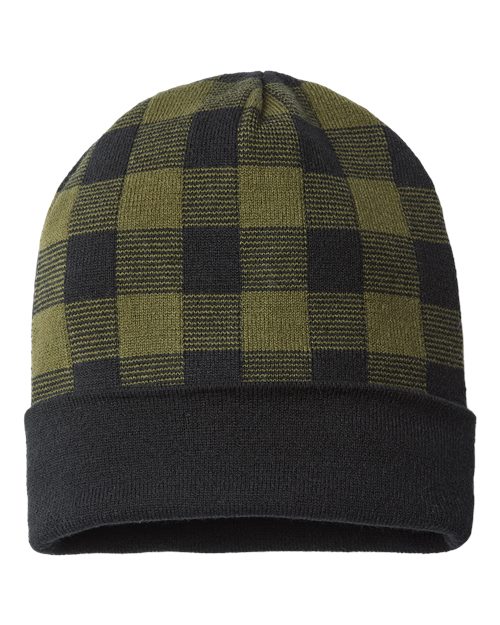 CAP AMERICA USA-Made Plaid Beanie - CAP AMERICA RKP12 CAP AMERICA Olive Green/ Black One Size