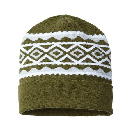 CAP AMERICA USA- Made Diamond Cuffed Beanie - CAP AMERICA RKD12 CAP AMERICA Olive Green/ Silver One Size