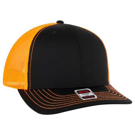 OTTO CAP 6 Panel Mid Profile Mesh Back Trucker Hat OTTO 112-1-030309 - Blk/Blk/N Org Otto Cap