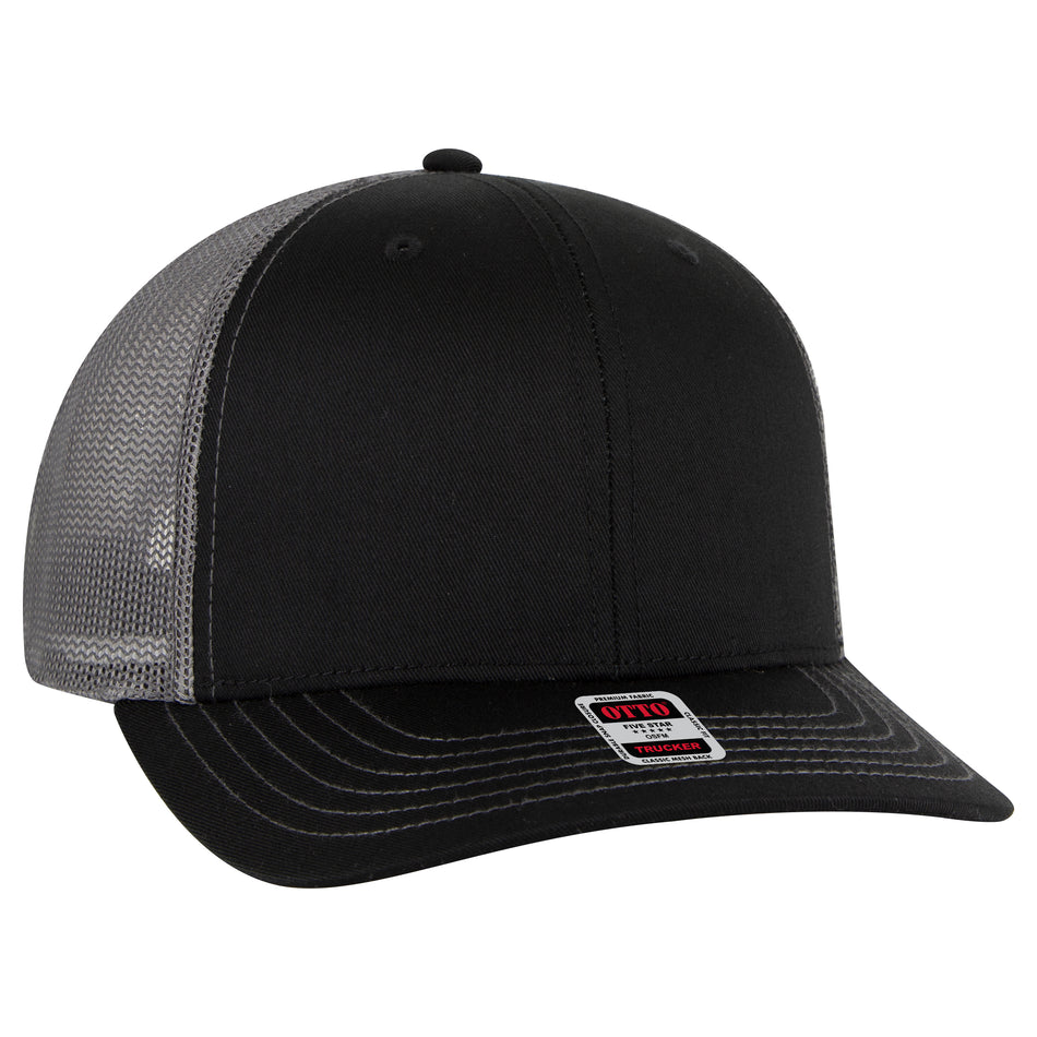 OTTO CAP 6 Panel Mid Profile Mesh Back Trucker Hat OTTO 112-1-030325 - Blk/Blk/Ch.Gry Otto Cap 030325 - Blk/Blk/Ch.Gry OSFM - Adult