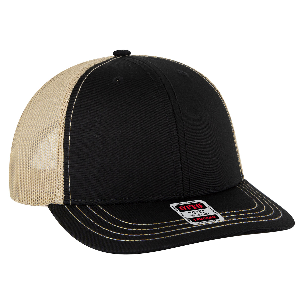 OTTO CAP 6 Panel Mid Profile Mesh Back Trucker Hat OTTO 112-1-030332 - Blk/Blk/Kha Otto Cap