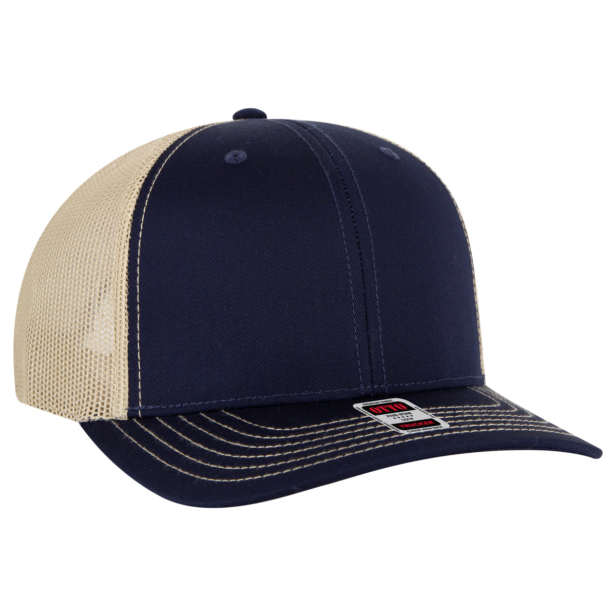 OTTO CAP 6 Panel Mid Profile Mesh Back Trucker Hat OTTO 112-1-040432 - Nvy/Nvy/Kha Otto Cap