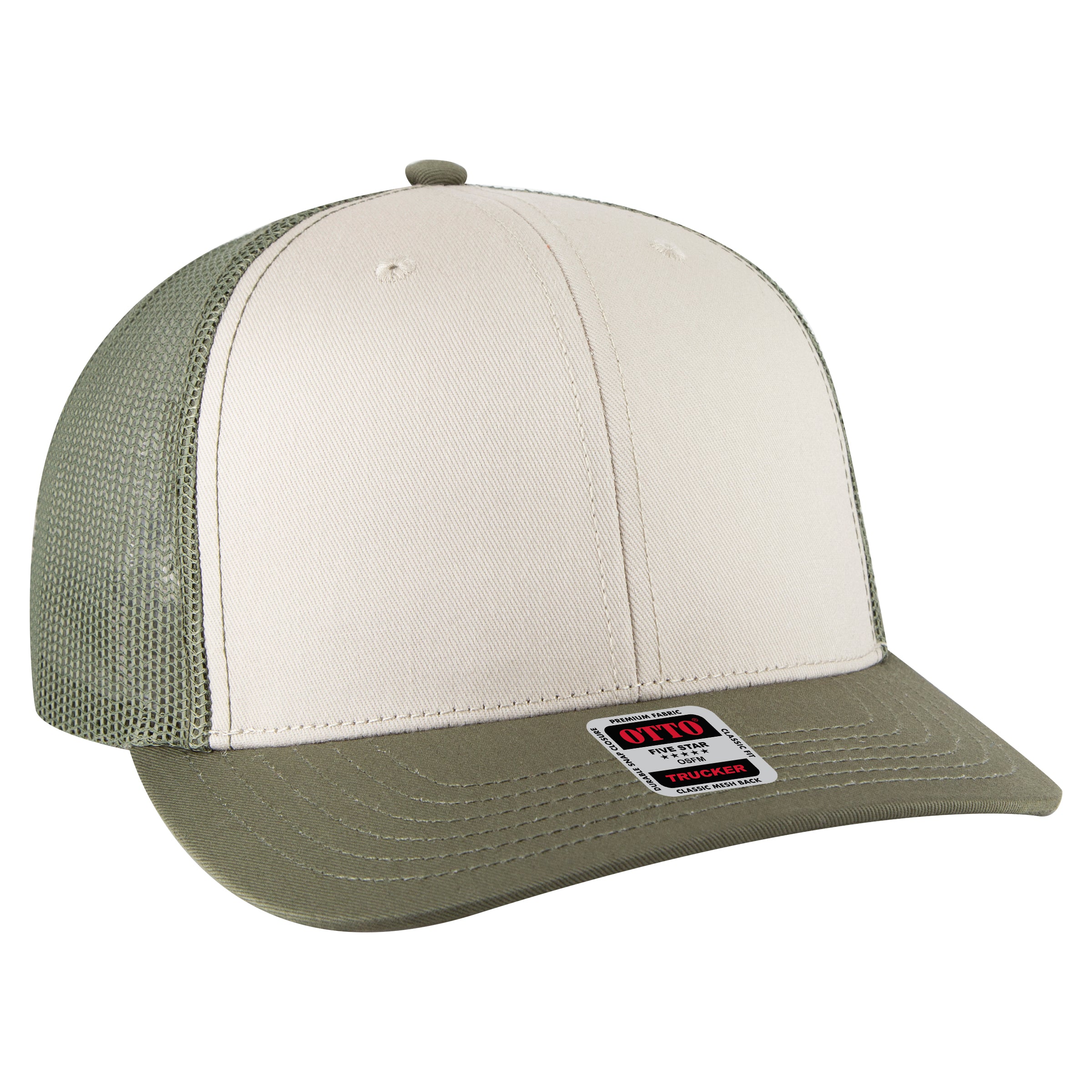 OTTO CAP 6 Panel Mid Profile Mesh Back Trucker Hat OTTO 112-1-215221- Ol.Grn/Lt.Khk/Ol.Grn Otto Cap 215221- Ol.Grn/Lt.Khk/Ol.Grn OSFM - Adult