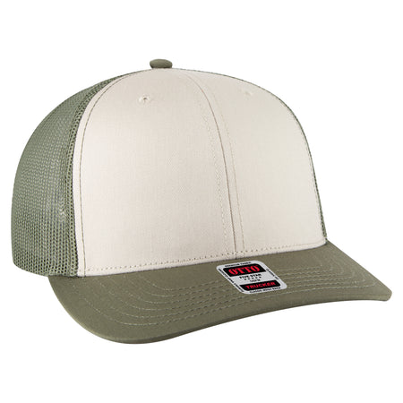 OTTO CAP 6 Panel Mid Profile Mesh Back Trucker Hat OTTO 112-1-215221- Ol.Grn/Lt.Khk/Ol.Grn Otto Cap