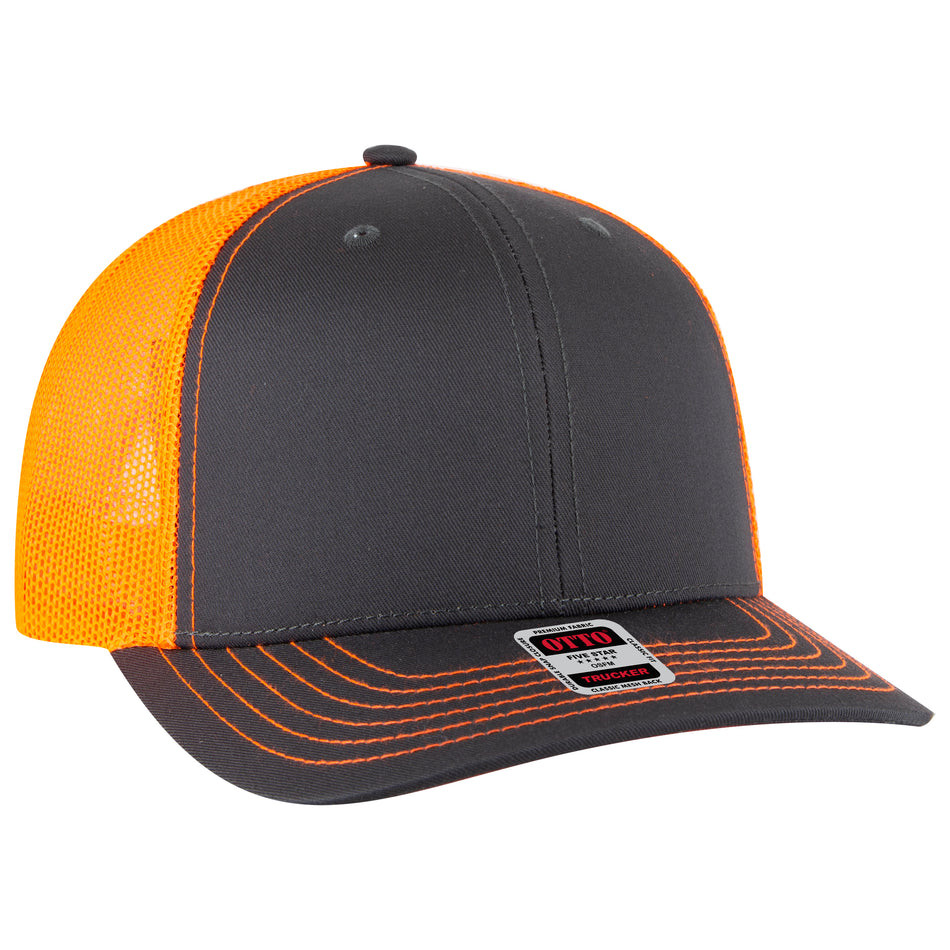 OTTO CAP 6 Panel Mid Profile Mesh Back Trucker Hat OTTO 112-1-252509 - Ch.Gry/Ch.Gry/N.Org Otto Cap 252509 - Ch.Gry/Ch.Gry/N.Org OSFM - Adult