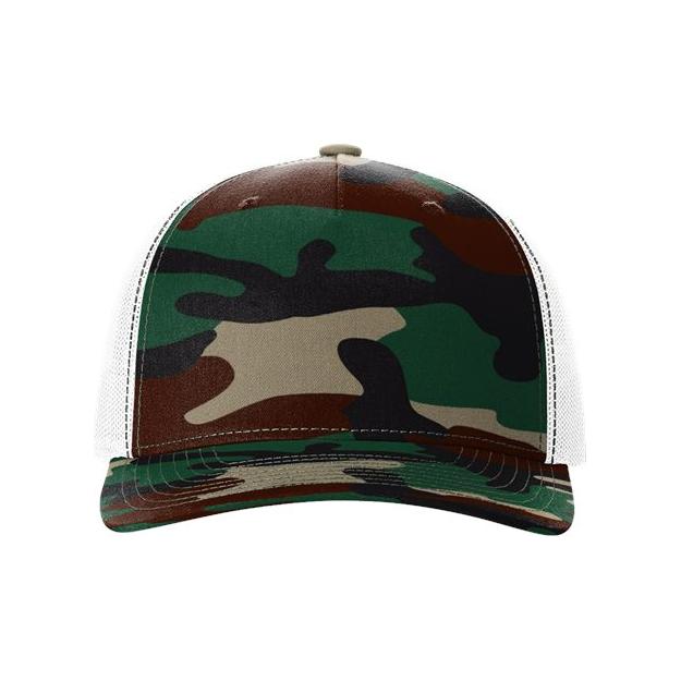Richardson Five-Panel Printed Trucker Cap - Richardson 112PFP Richardson Green Camo/ White Adjustable