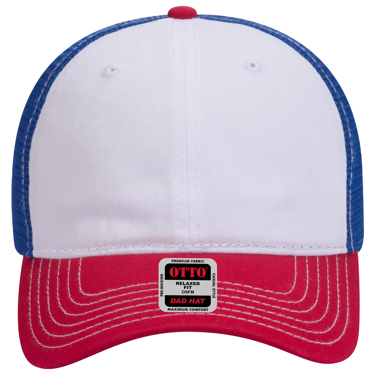 OTTO CAP 6 Panel Low Profile Mesh Back Trucker Dad Hat OTTO 121-858 Otto Cap 021601 - Red/Wht/Ryl OSFM - Adult