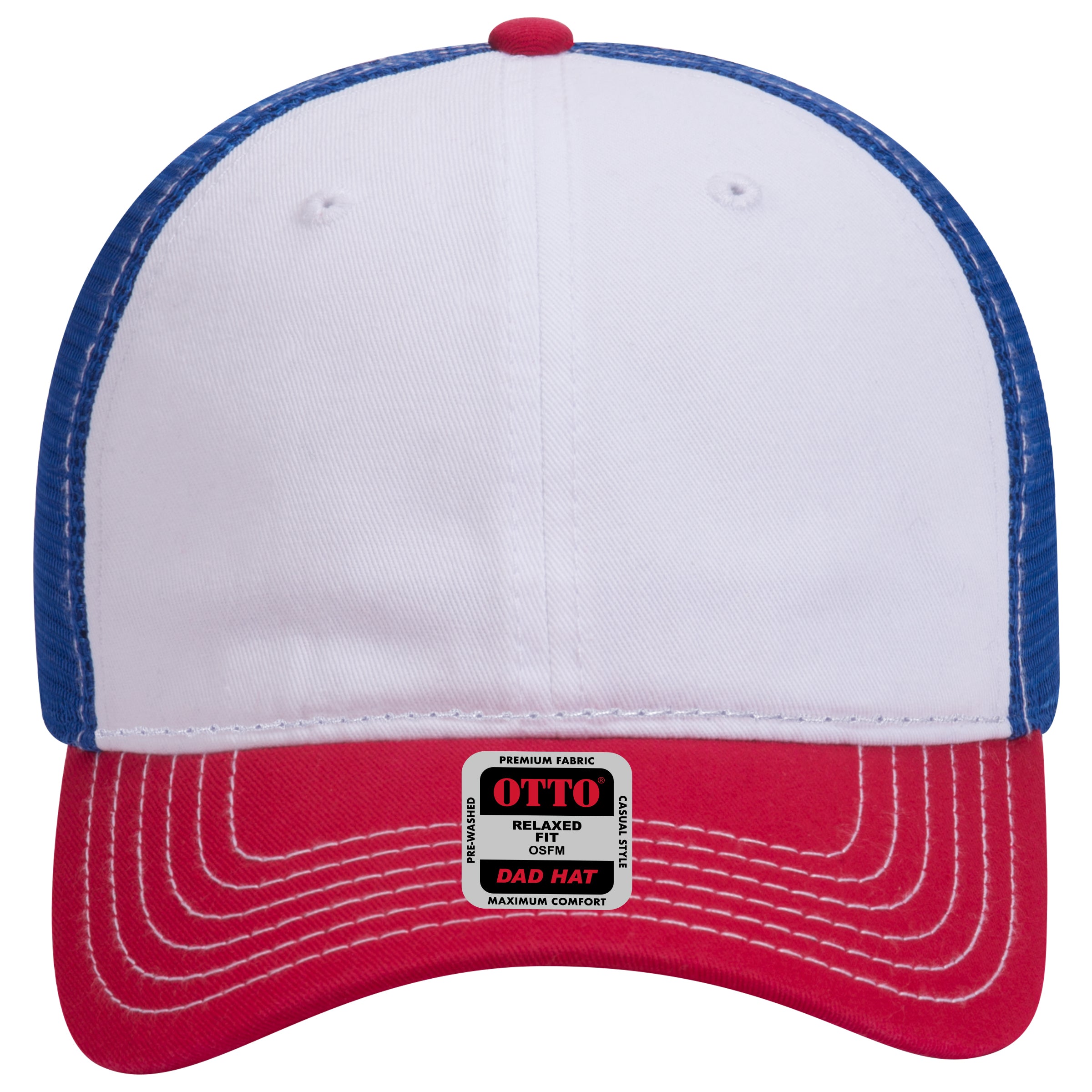 OTTO CAP 6 Panel Low Profile Mesh Back Trucker Dad Hat OTTO 121-858 Otto Cap 021601 - Red/Wht/Ryl OSFM - Adult