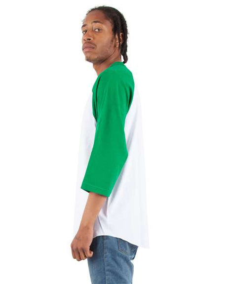 Shaka Wear Unisex Three-Quarter Sleeve Raglan T-Shirt - White/ Kelly Green - Shaka Wear SHRAG Shaka Wear White/ Kelly Green S