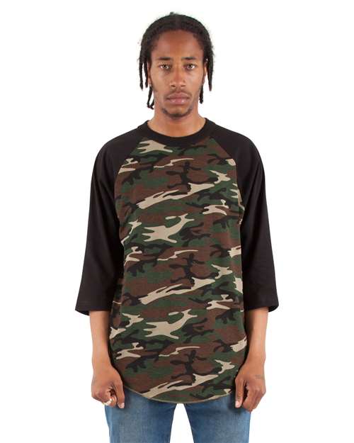 Shaka Wear Unisex Three-Quarter Sleeve Camo Raglan T-Shirt - Shaka Wear SHRAGCM