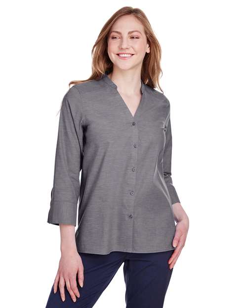 Joe's USA Women's Crown Collection® Stretch Pinpoint Chambra Three-Quarter Sleeve Shirt