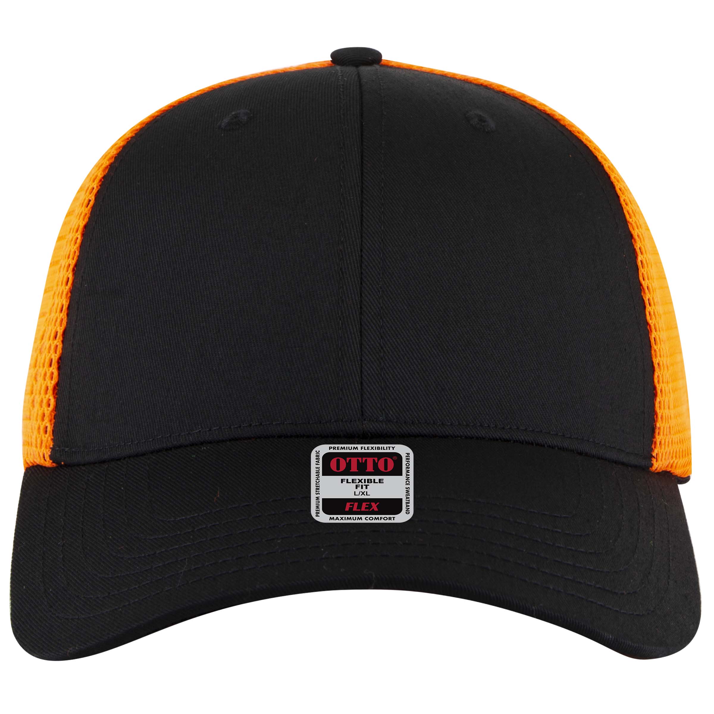 OTTO CAP "OTTO FLEX" 6 Panel Low Profile Mesh Back Trucker Hat OTTO 135-2 Otto Cap 030309 - Blk/Blk/N Org L/XL